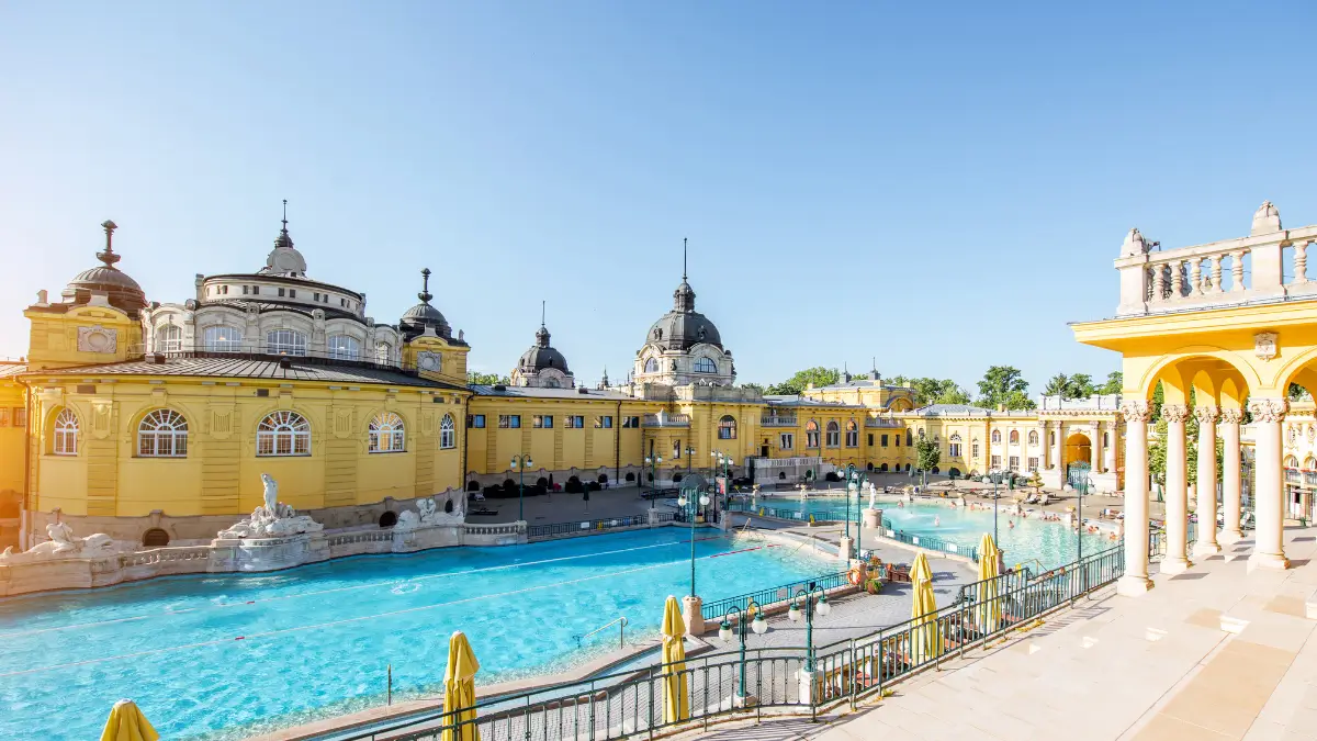 Budapest thermal baths showing classical architecture and swimming pools