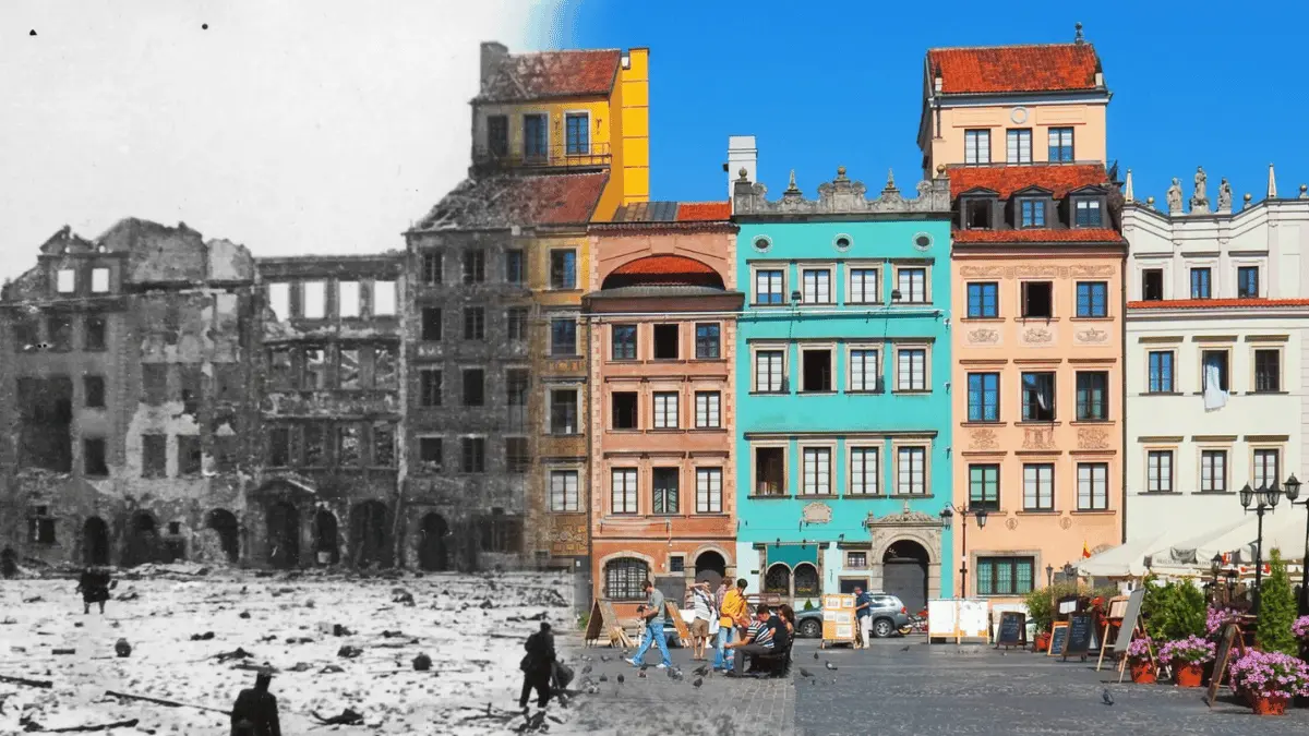 Two images, old and new showing the original destruction and rebuilding of the same Warsaw street.